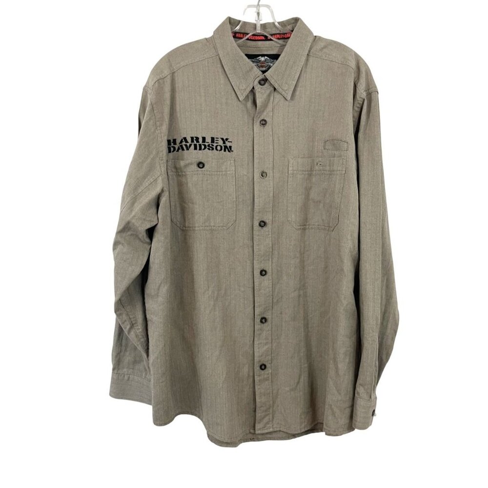 Harley Davidson‎ Gray Striped Logo Long Sleeve Button Down Shirt - Men's Size XL